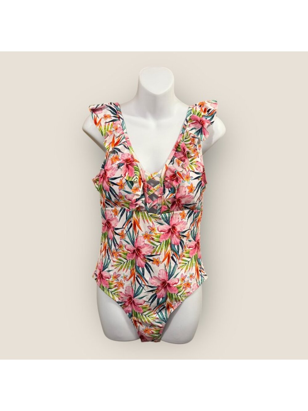 Floral Ruffled One-Piece Swimsuit With Deep V-Neck Womens Size Large New Swim